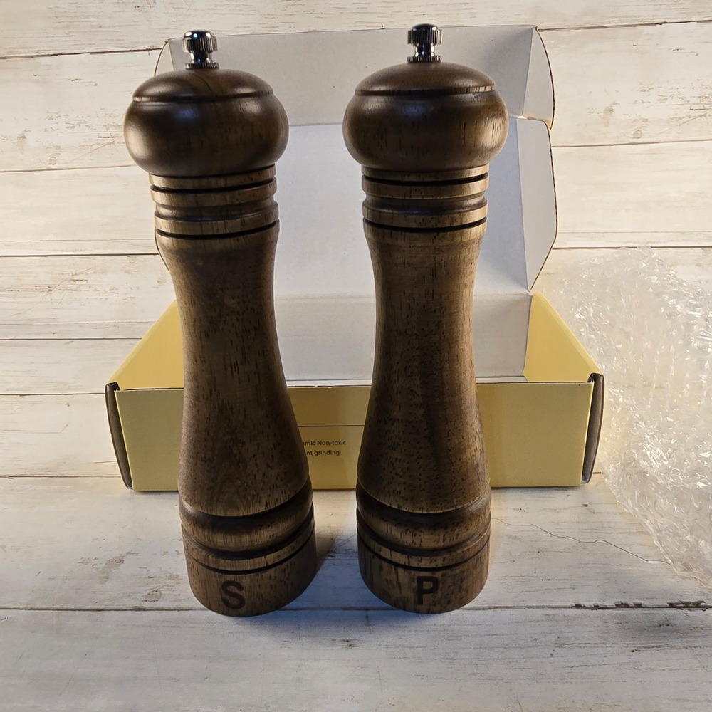 NWOT Wooden Salt & Pepper Grinder Set 8 Inch Ceramic Core Manual Mills Dark Wood